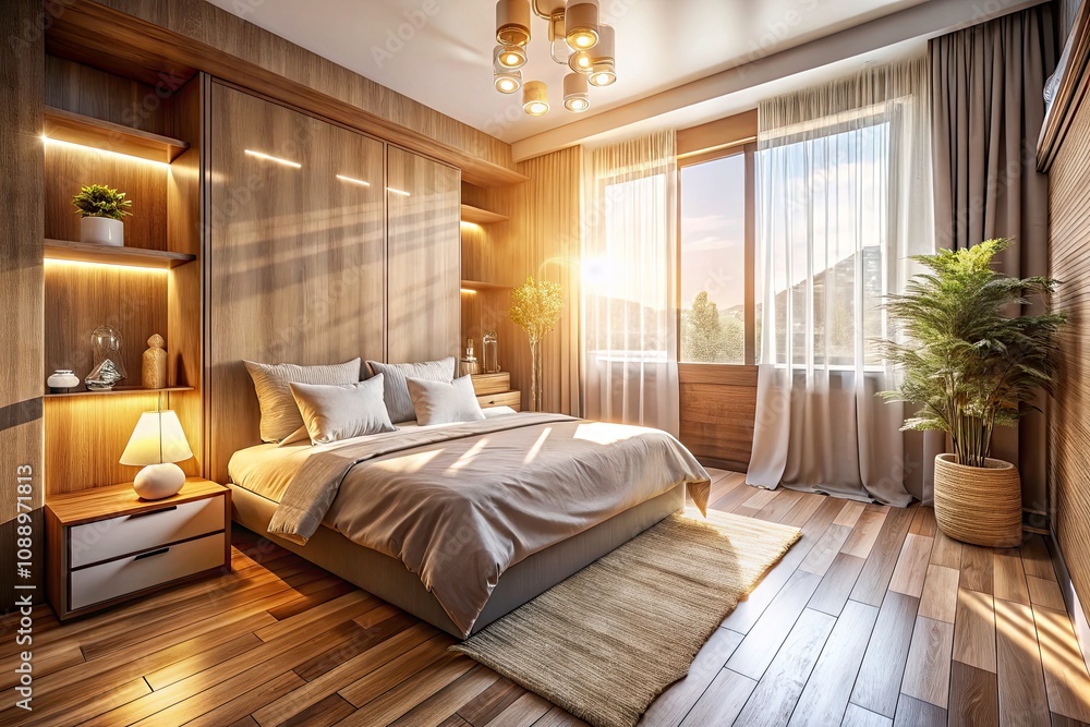 Cozy Bedroom with Gentle Sunlight and Sleek Wooden Closets - Inviting Interior Design Photography for Home Decor Inspiration Cozy Bedroom with Gentle Sunlight and Sleek Wooden Closets - Inviting Interior Design Photography for Home Decor Inspiration