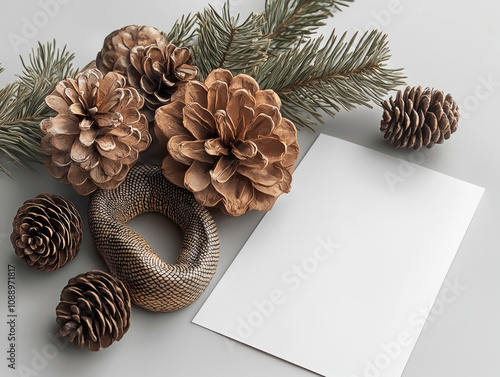 chic 2025 calendar mockup with a monochrome snake over a minimalist page accented by pine cones and greenery exuding elegance and simplicity. photo