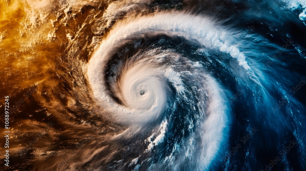 Fototapeta premium Close-up of swirling hurricane clouds viewed from above, intense and powerful weather phenomenon