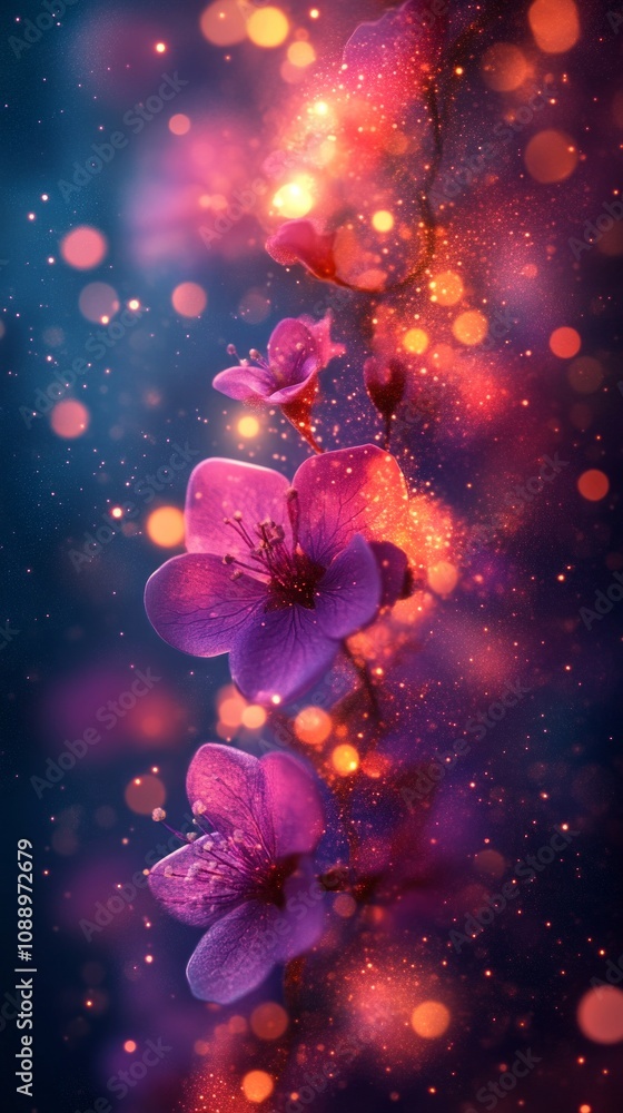 Purple flowers blooming on a magical night, with sparkling glitter and bokeh lights creating a dreamy atmosphere Purple flowers blooming on a magical night, with sparkling glitter and bokeh lights creating a dreamy atmosphere