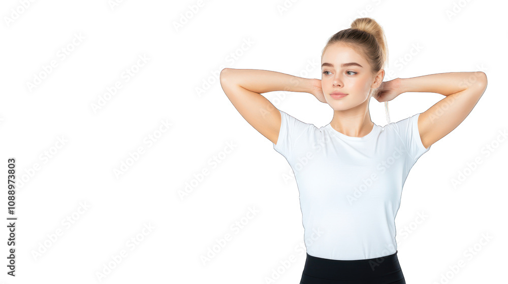 A young woman stretches her arms behind her head, exuding confidence. Transparent background. A young woman stretches her arms behind her head, exuding confidence. Transparent background.