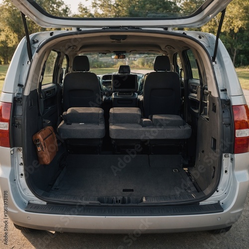 A family minivan with all doors open to reveal a spacious interior.