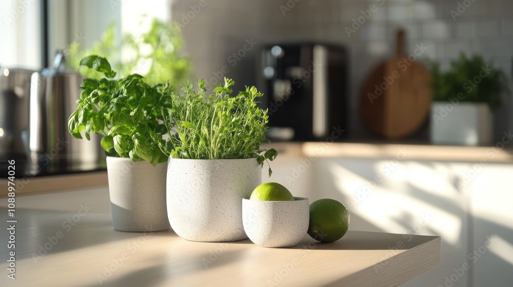 A sunlit kitchen scene featuring potted herbs and limes on a wooden countertop. A sunlit kitchen scene featuring potted herbs and limes on a wooden countertop.