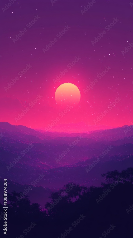 Fototapeta premium Vibrant pink and purple sunset illuminating rolling hills and trees, creating a dreamy and surreal landscape