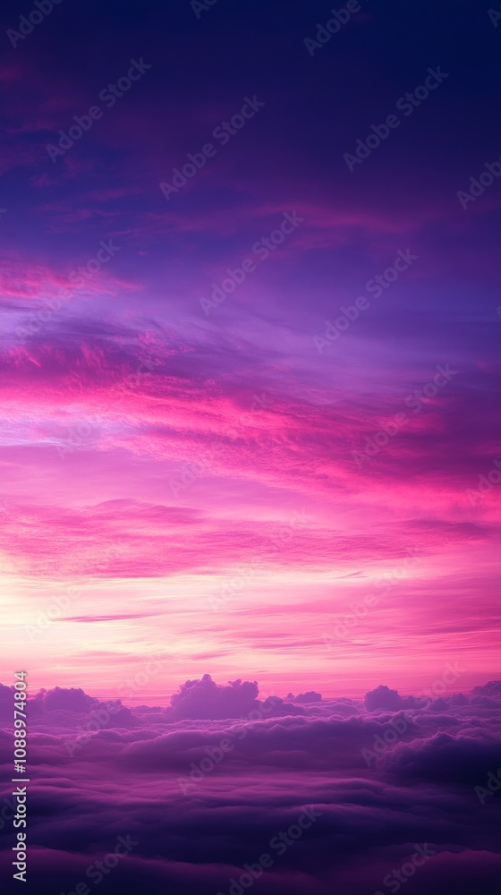 Breathtaking purple and pink hues paint the sky during a vibrant sunset, casting a magical glow over a sea of clouds Breathtaking purple and pink hues paint the sky during a vibrant sunset, casting a magical glow over a sea of clouds