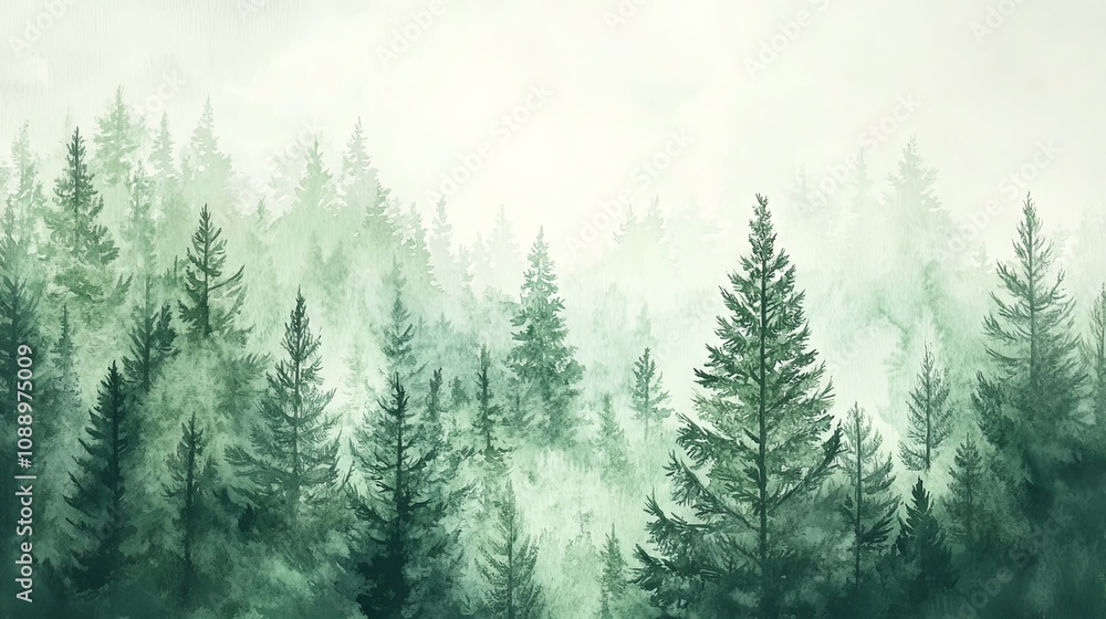 Fototapeta premium Watercolor Painting of a Misty Forest with Pine Trees - Nature Art Print