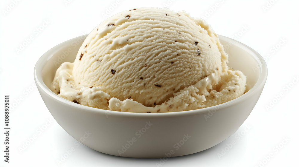 A scoop of creamy vanilla ice cream mixed with chocolate chips, served in a simple white bowl. The smooth texture and rich flavor are highlighted against a clean white background. A scoop of creamy vanilla ice cream mixed with chocolate chips, served in a simple white bowl. The smooth texture and rich flavor are highlighted against a clean white background.
