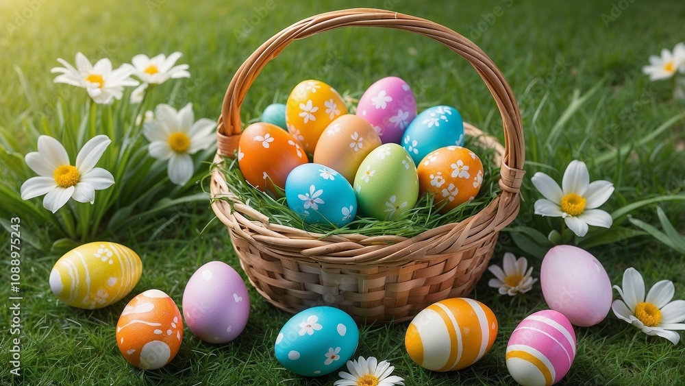 Easter basket filled with painted eggs, spring flowers, and green grass, cozy and festive, on a decorative background Easter basket filled with painted eggs, spring flowers, and green grass, cozy and festive, on a decorative background