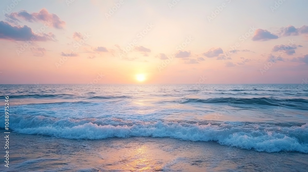Serene Sunset Over the Ocean: Tranquil Beachscape with Pink Sky and Golden Hour Light Serene Sunset Over the Ocean: Tranquil Beachscape with Pink Sky and Golden Hour Light