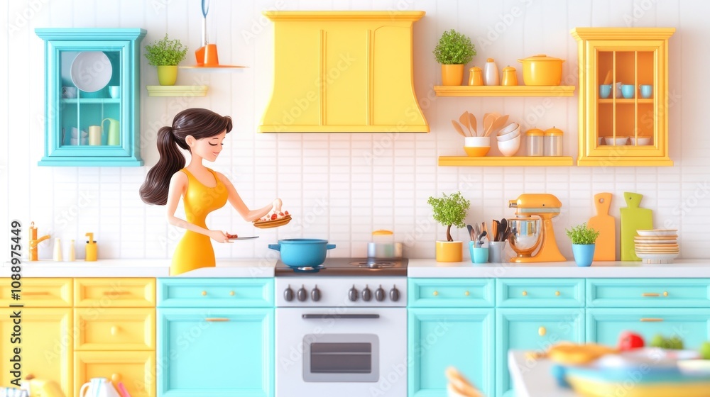 A colorful kitchen scene with a woman cooking, showcasing a vibrant and cheerful atmosphere. A colorful kitchen scene with a woman cooking, showcasing a vibrant and cheerful atmosphere.