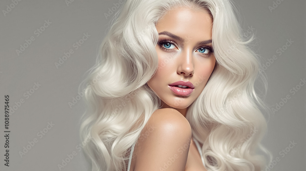 Model displays flawless skin and wavy hair in a soft, elegant setting, capturing timeless beauty Model displays flawless skin and wavy hair in a soft, elegant setting, capturing timeless beauty