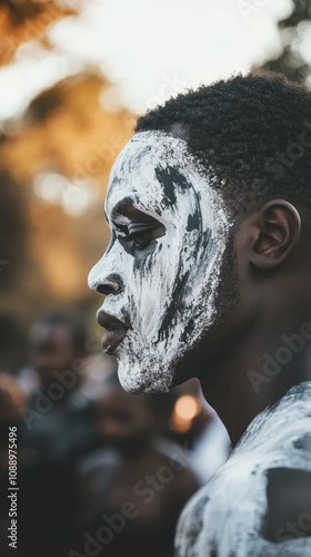 Young men in cloaks and face paint participate in a traditional Xhosa initiation ceremony photo