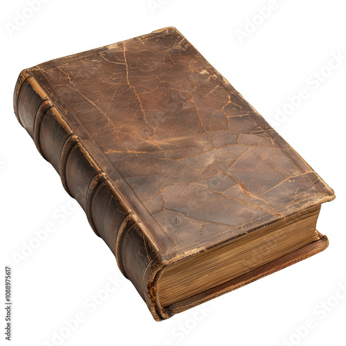 Vintage brown leather bound book with worn cover isolated on transparent background cutout png