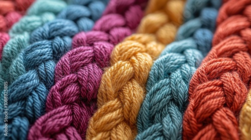 Close-up of colorful braided yarn showcasing intricate textures and vibrant hues, perfect for crafting and knitting enthusiasts.