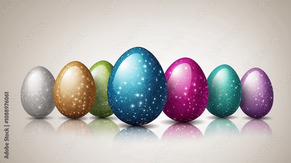 Sparkling Easter eggs with glittery surfaces, glamorous and joyful, on a neutral background Sparkling Easter eggs with glittery surfaces, glamorous and joyful, on a neutral background