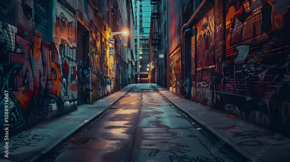 Fototapeta premium gloomy graffiti covered alley with flickering streetlight mysterious urban atmosphere with a white accent, png