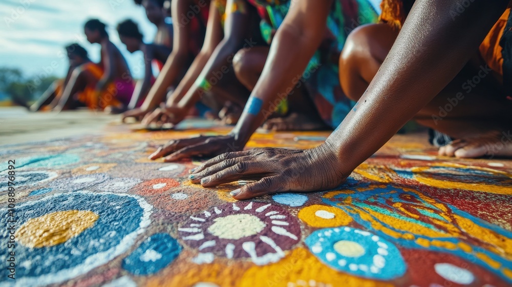 Obraz premium Aboriginal artists create a vibrant mural at a cultural event.