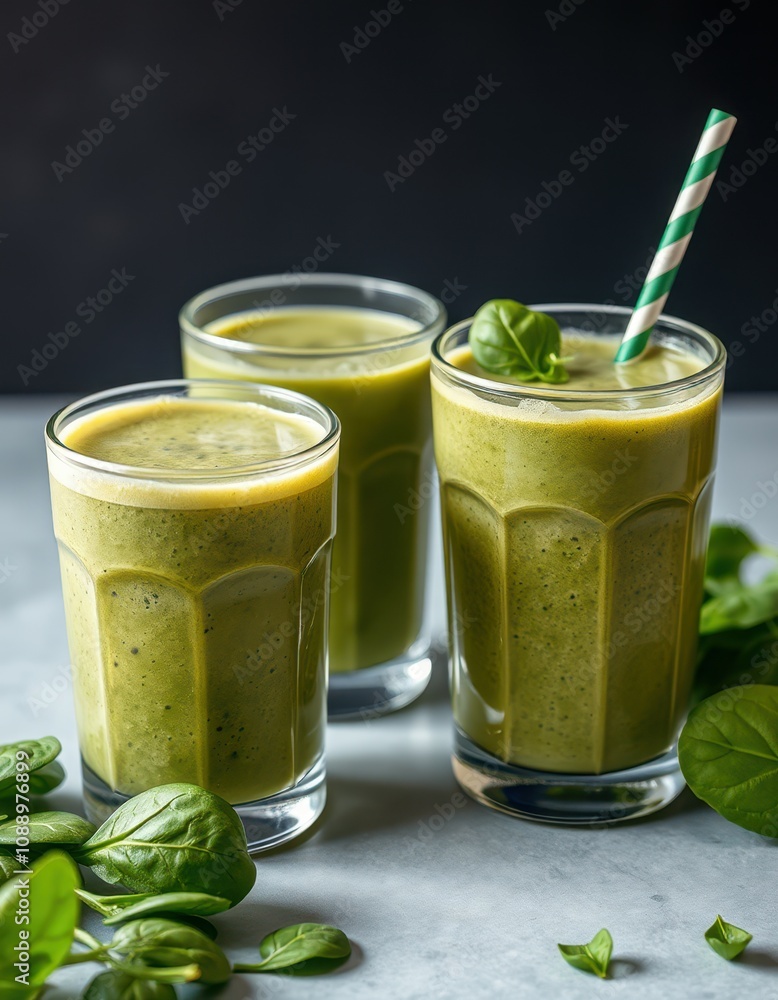 Three glasses of refreshing green spinach smoothies sit on a kitchen counter, ready to be enjoyed Three glasses of refreshing green spinach smoothies sit on a kitchen counter, ready to be enjoyed