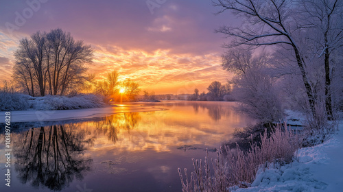 Golden winter sunrise reflecting on a calm river surrounded by snow-covered trees. Beautiful wallpaper, background