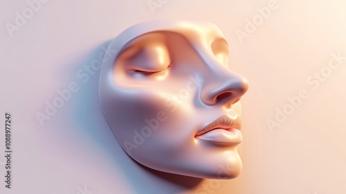 A stylized, smooth facial sculpture with closed eyes, reflecting light and minimalistic design.