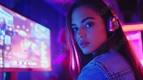 A young woman wearing headphones focuses intently on her game at a vibrant esports cafe, illuminated by neon lights. The lively atmosphere enhances her gaming experience during the evening.