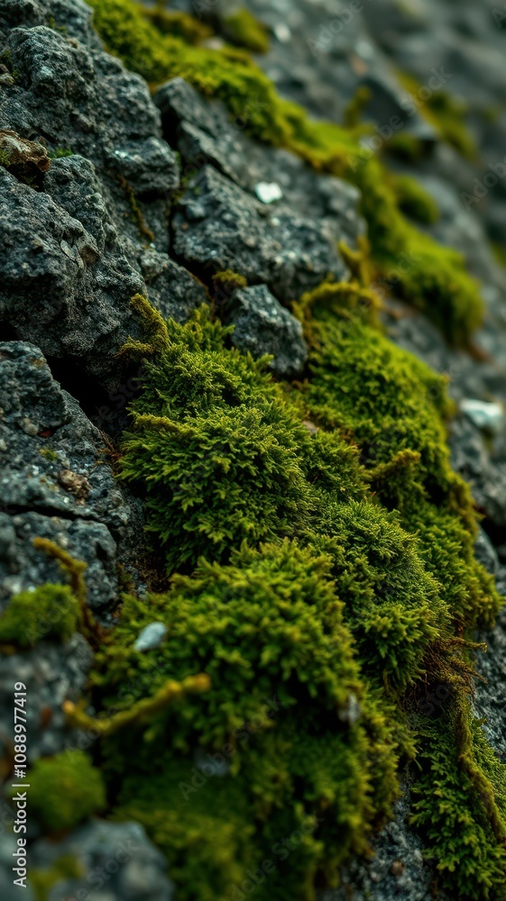 Lush green moss thrives on dark grey rocks during a cool afternoon Lush green moss thrives on dark grey rocks during a cool afternoon