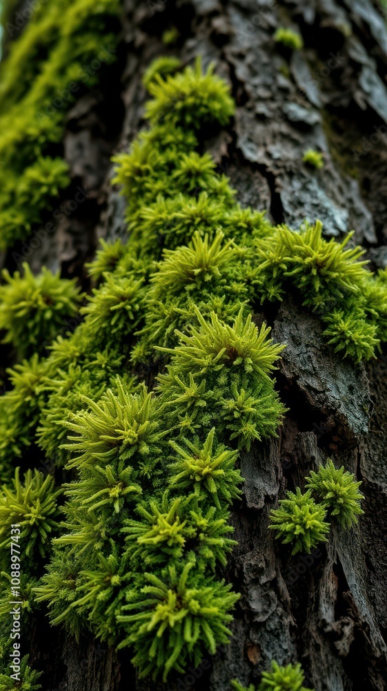 Lush green moss thrives on a dark tree trunk in a Pacific Northwest forest during a spring afternoon Lush green moss thrives on a dark tree trunk in a Pacific Northwest forest during a spring afternoon