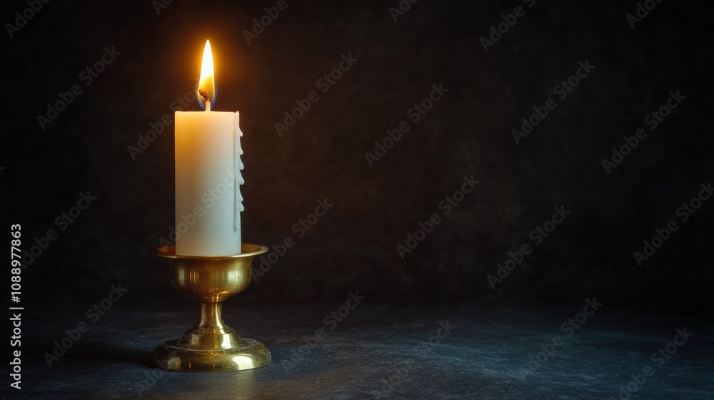 Elegant Candle in Brass Holder Illuminating Dark Setting Elegant Candle in Brass Holder Illuminating Dark Setting