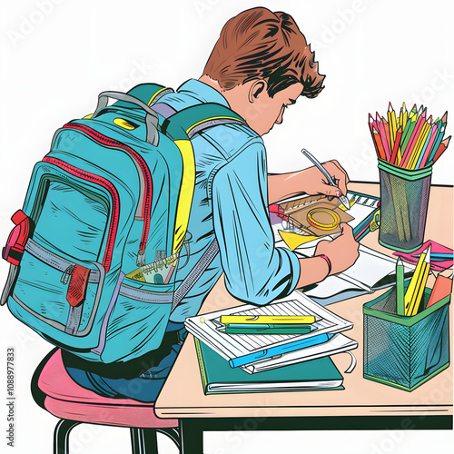 eye-level angle: a student sitting at a desk, organizing school supplies in a backpack, with pencils, notebooks, and a ruler spread out with a white accent, pop-art, png