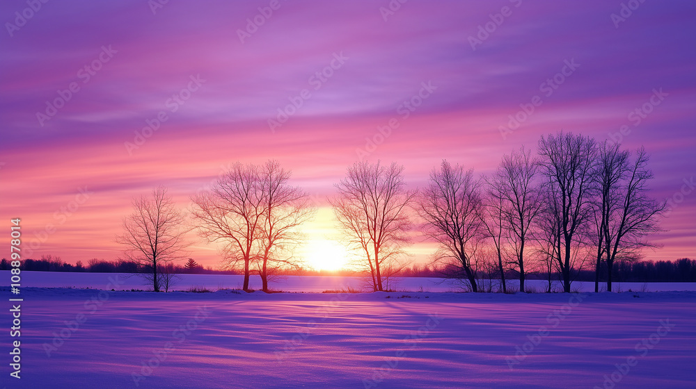 Serene winter sunset casting a golden glow over snow-covered fields and bare trees. Beautiful wallpaper, background Serene winter sunset casting a golden glow over snow-covered fields and bare trees. Beautiful wallpaper, background