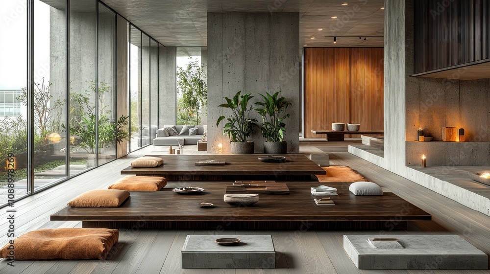 Tranquil minimalist zen lounge with wood platform seating, concrete walls, and large windows overlooking a garden. Tranquil minimalist zen lounge with wood platform seating, concrete walls, and large windows overlooking a garden.