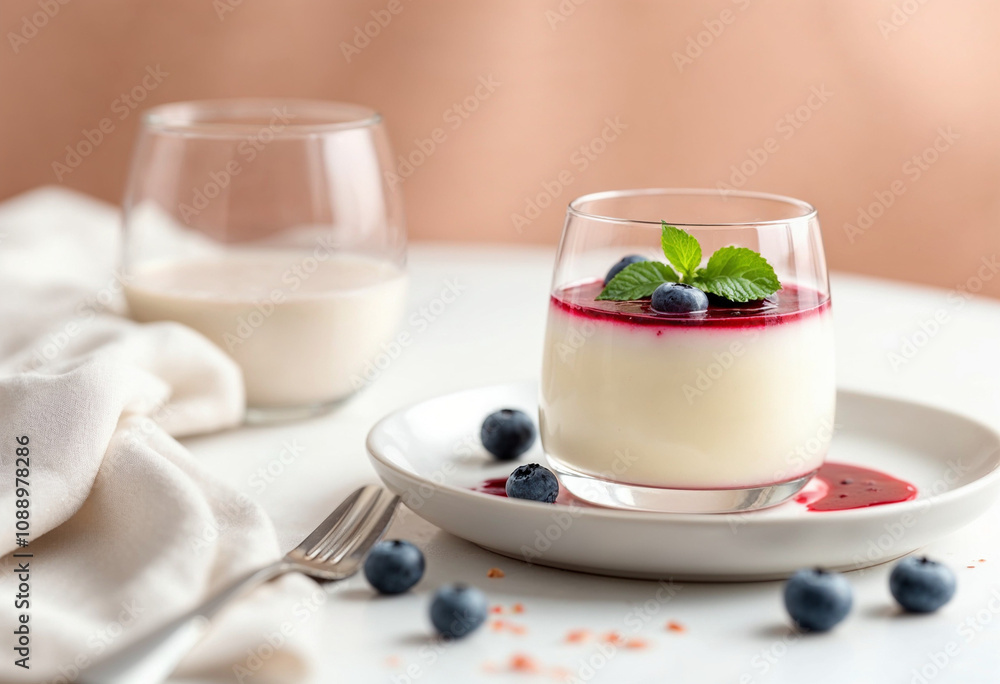 Elegant Glass of Panna Cotta Topped with Blueberries and Mint Elegant Glass of Panna Cotta Topped with Blueberries and Mint