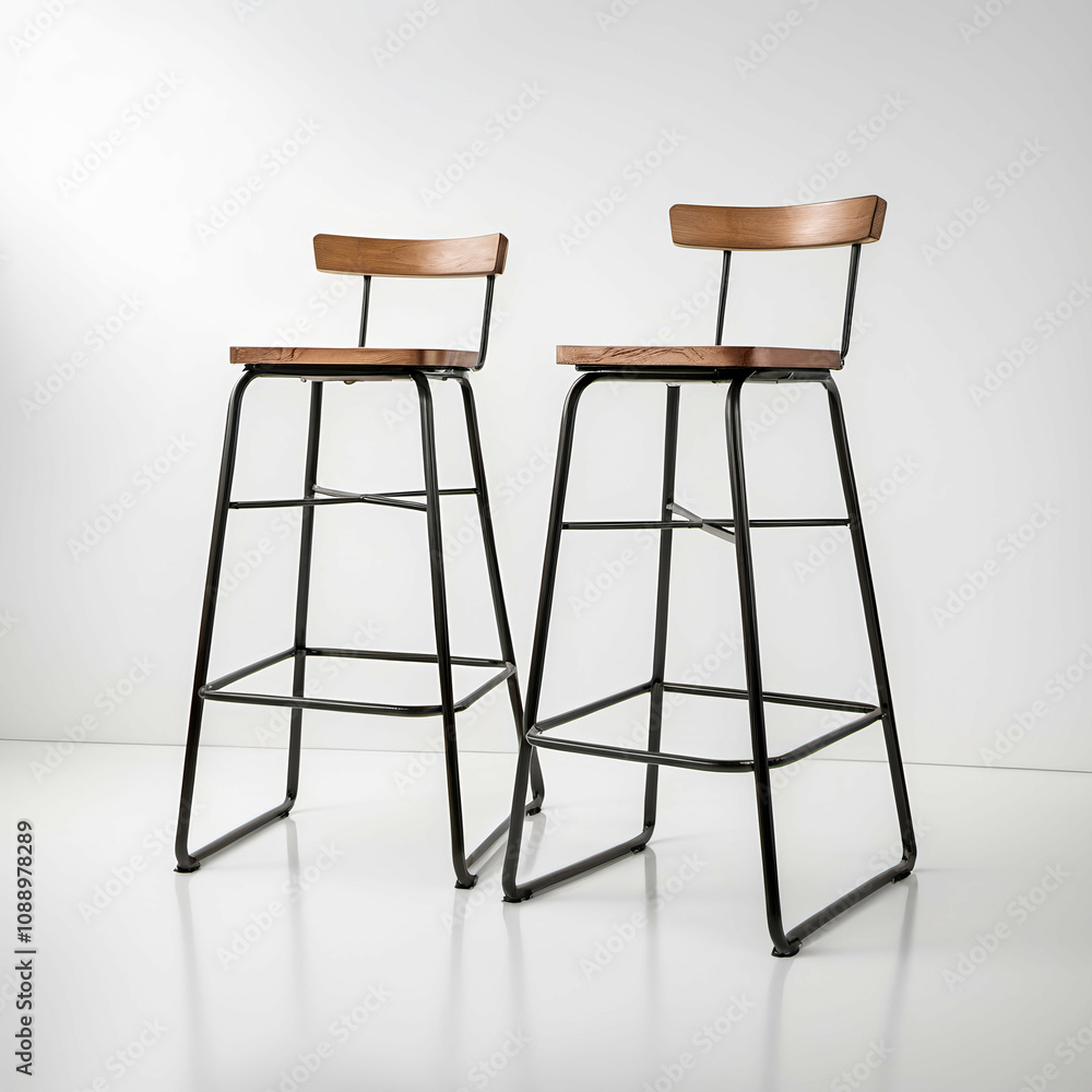 A pair of bar stools with metal frames and wooden seats, photographed on a pristine white background. A pair of bar stools with metal frames and wooden seats, photographed on a pristine white background.