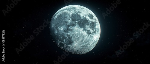  a full moon in ethereal blue-white tones against a dark starry sky, showcasing highly detailed lunar surface features and crater formations.Generative AI photo