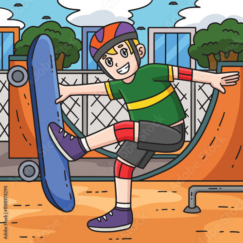 Skateboard Boy Doing a Foot Plant Colored Cartoon