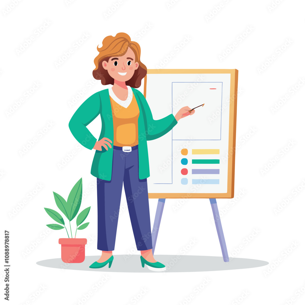 Female teacher presenting charts with a flip board illustration Female teacher presenting charts with a flip board illustration