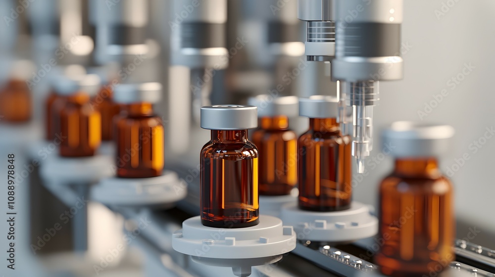 Close-Up of Bottles on Production Line - High-Detail Glass Texture in Sterile Factory Setting with Minimal Shadows Professional Conveyor Belt Scene Close-Up of Bottles on Production Line - High-Detail Glass Texture in Sterile Factory Setting with Minimal Shadows Professional Conveyor Belt Scene