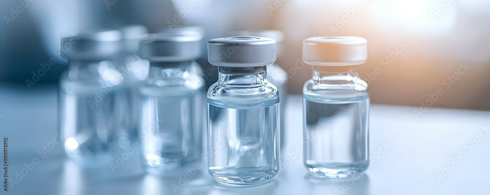 Efficient Production Line with Clear Bottles - Brightly Lit Factory Environment Showcasing Medical Glass Containers and Cold Metal Reflections Efficient Production Line with Clear Bottles - Brightly Lit Factory Environment Showcasing Medical Glass Containers and Cold Metal Reflections