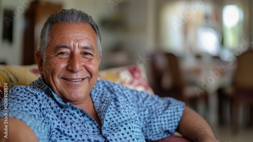 Copy space, stock picture, a confident and happy senior hispanic man sitting in the living room. He is sitting in a confident and happy posture. Senior woman in good health posing in a carefree