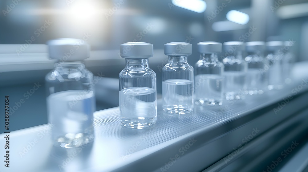Vaccine Production Line Sterile Bottling Process in Action - High Clarity Glass Vials on Conveyor with Bright Lighting and Metallic Surfaces Vaccine Production Line Sterile Bottling Process in Action - High Clarity Glass Vials on Conveyor with Bright Lighting and Metallic Surfaces