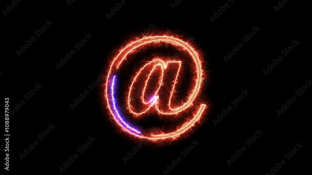 At-sign internet technology symbol with waves in black background.E-mail at neon symbol . At-sign internet technology symbol with waves in black background.E-mail at neon symbol .