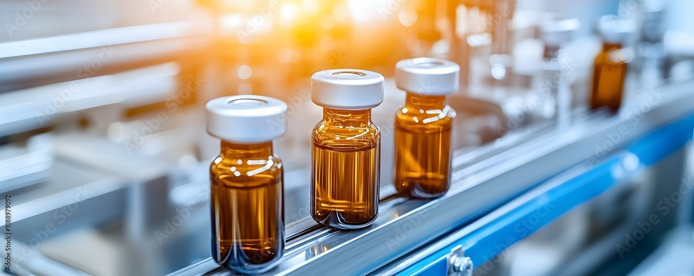 Efficient Production Line Glass Bottles on Conveyor Belt - High-Quality Medical Bottles in Brightly Lit Factory Setting with Clear Labels Efficient Production Line Glass Bottles on Conveyor Belt - High-Quality Medical Bottles in Brightly Lit Factory Setting with Clear Labels