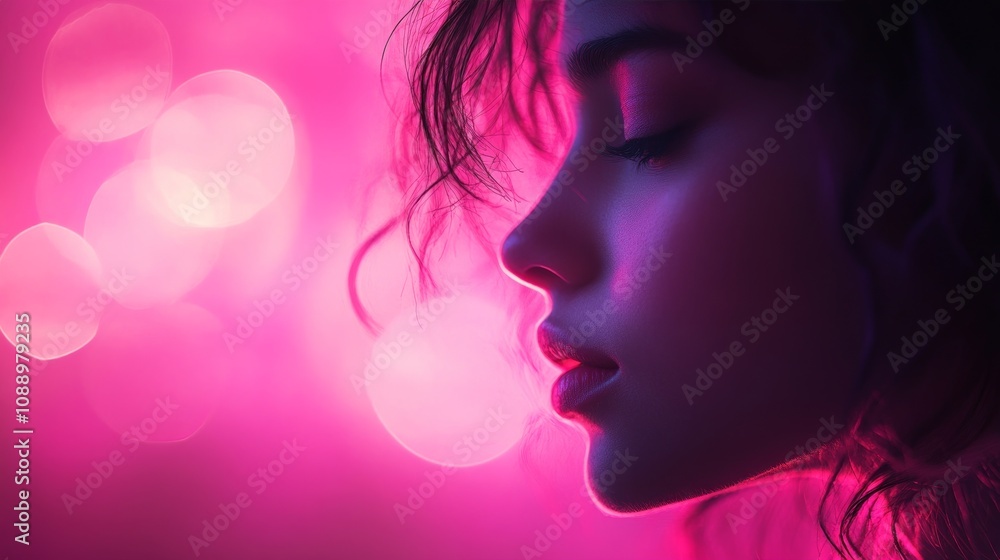 Profile of a fashion model with closed eyes, illuminated by pink and purple neon lights, creating a dreamy and glamorous atmosphere Profile of a fashion model with closed eyes, illuminated by pink and purple neon lights, creating a dreamy and glamorous atmosphere