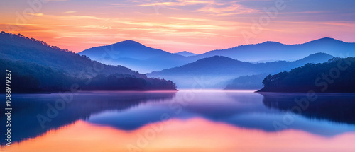 serene mountain landscape at sunset with calm waters reflecting colors