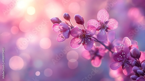 Beautiful pink flowers blooming on a branch in warm spring sunlight, creating a dreamy and romantic atmosphere