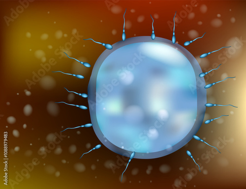 Fertilization of human egg cell by sperm cell spermatozoon. 