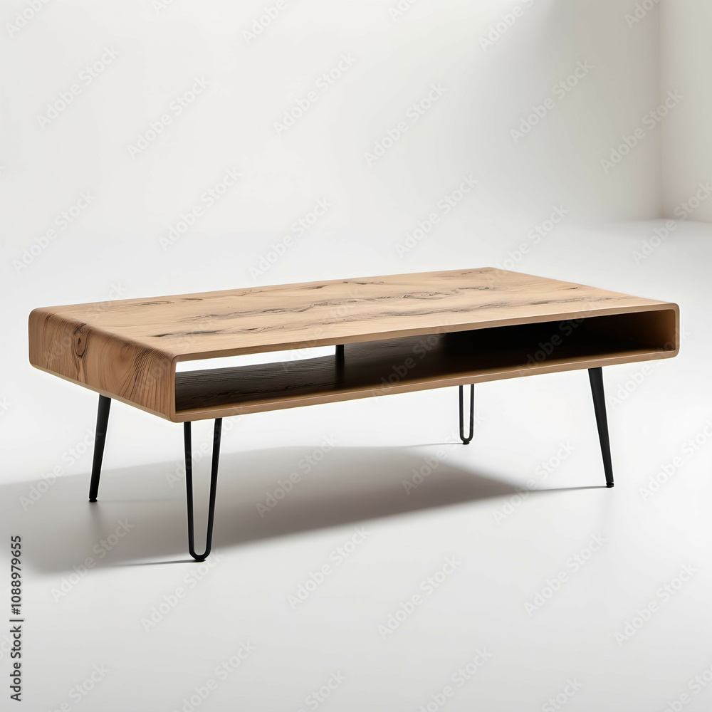 A low-profile coffee table with natural wood grain and black metal legs, showcased on a white background. A low-profile coffee table with natural wood grain and black metal legs, showcased on a white background.