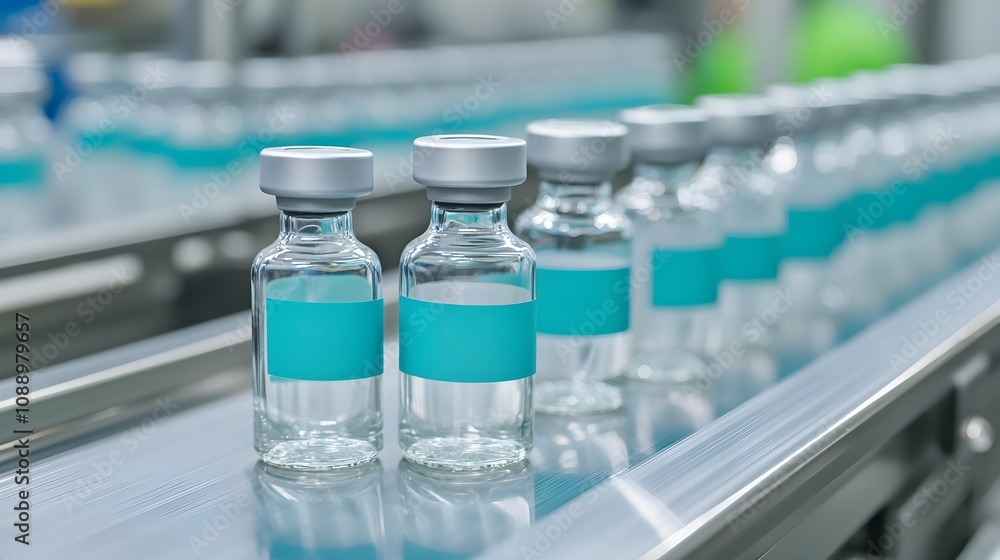 Efficient Medical Production Line with Clear Glass Bottles - High-Quality Factory Setting Showcasing Sharp Lighting and Metallic Conveyor Belt