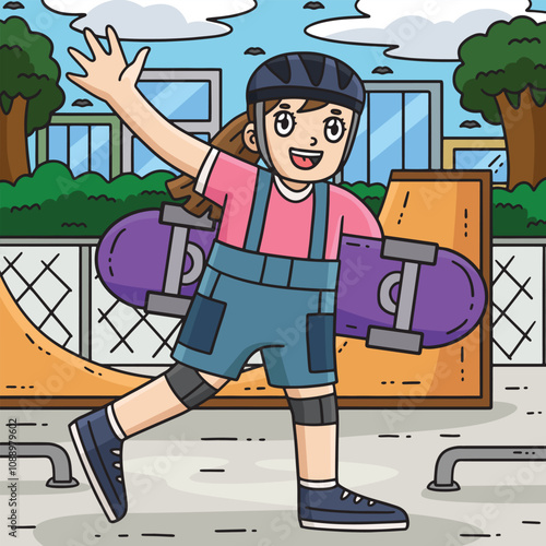 Girl Holding a Skateboard Colored Cartoon