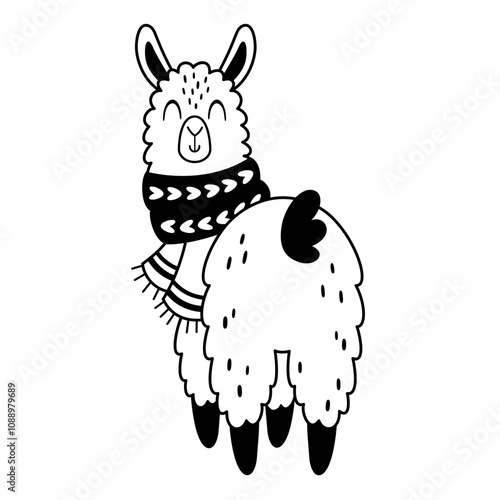 Winter llama clipart. Black and white llama doodle. Cute festive character. Hand draw vector illustration in flat style